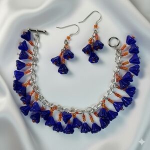 Flower 6.75" Charm Bracelet Earrings Handmade Blue Czech Glass Bead Dangle Drop